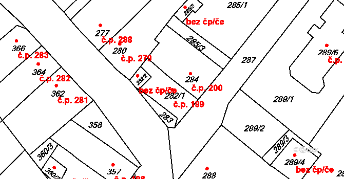Dubí 199 na parcele st. 282/1 v KÚ Dubí u Teplic, Katastrální mapa
