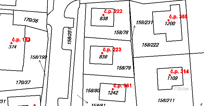 Háje 223, Cheb na parcele st. 839 v KÚ Háje u Chebu, Katastrální mapa