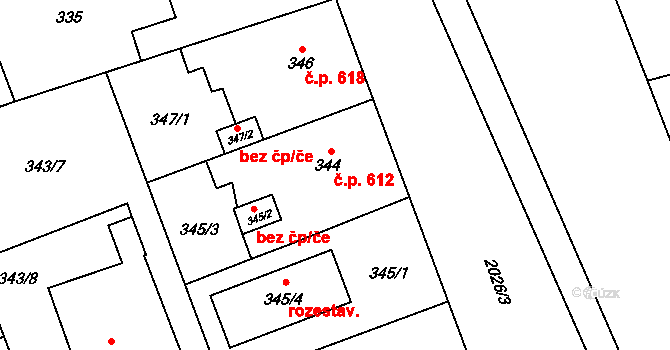 Uhříněves 612, Praha na parcele st. 344 v KÚ Uhříněves, Katastrální mapa