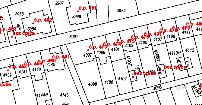Záběhlice 474, Praha na parcele st. 4099 v KÚ Záběhlice, Katastrální mapa