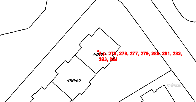 Střížkov 276,277,278,279,280,, Praha na parcele st. 496/59 v KÚ Střížkov, Katastrální mapa