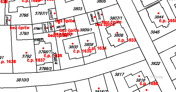 Strašnice 1634, Praha na parcele st. 3808 v KÚ Strašnice, Katastrální mapa