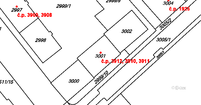 Chomutov 3910,3911,3912 na parcele st. 3002 v KÚ Chomutov I, Katastrální mapa