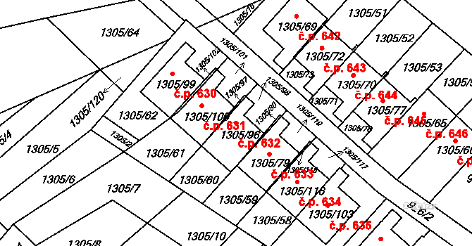 Liberec XXV-Vesec 632, Liberec na parcele st. 1305/96 v KÚ Vesec u Liberce, Katastrální mapa