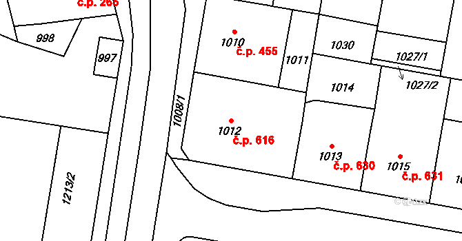 Východní Předměstí 616, Plzeň na parcele st. 1012 v KÚ Plzeň, Katastrální mapa