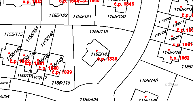 Hostivice 1838 na parcele st. 1155/147 v KÚ Hostivice, Katastrální mapa