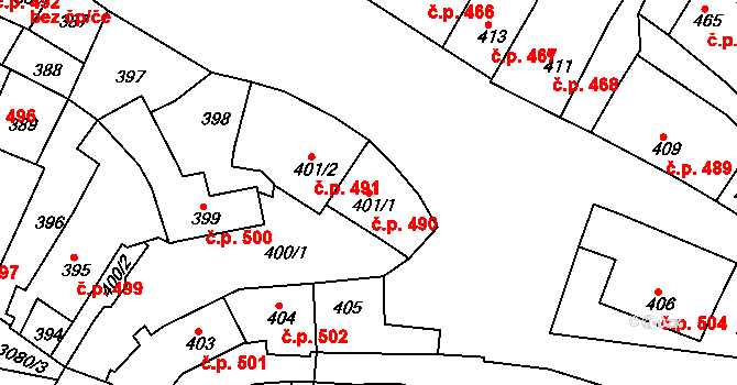 Jemnice 490 na parcele st. 401/1 v KÚ Jemnice, Katastrální mapa
