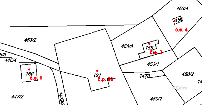 Rejchartice 98 na parcele st. 121 v KÚ Rejchartice u Šumperka, Katastrální mapa