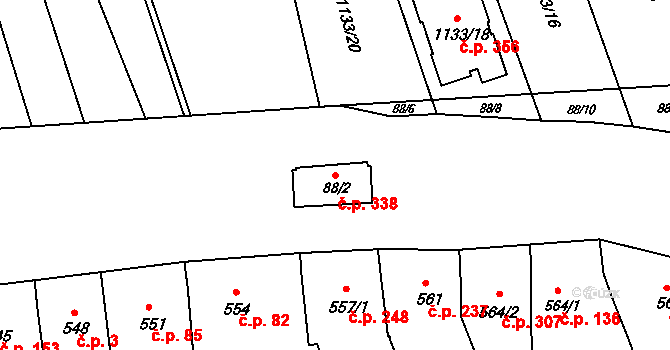 Těšov 338, Uherský Brod na parcele st. 88/2 v KÚ Těšov, Katastrální mapa
