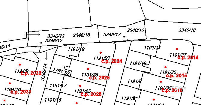 Benešov 2024 na parcele st. 1191/27 v KÚ Benešov u Prahy, Katastrální mapa
