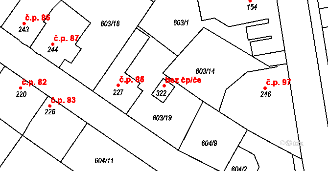 Čachovice 39275442 na parcele st. 322 v KÚ Čachovice, Katastrální mapa