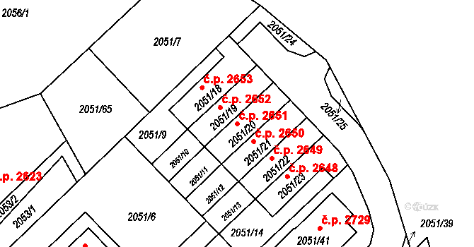 Předměstí 2651, Opava na parcele st. 2051/20 v KÚ Opava-Předměstí, Katastrální mapa