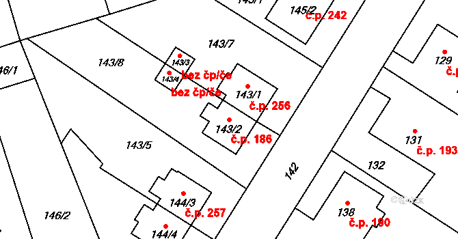 Chlebičov 186 na parcele st. 143/2 v KÚ Chlebičov, Katastrální mapa