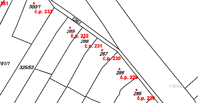 Žebrák 230 na parcele st. 287 v KÚ Žebrák, Katastrální mapa
