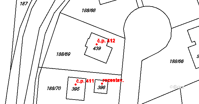 Radonice 412 na parcele st. 439 v KÚ Radonice u Prahy, Katastrální mapa