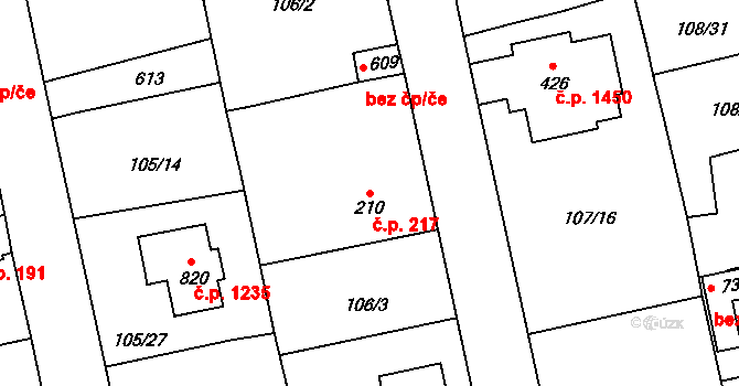 Rudná 217 na parcele st. 210 v KÚ Dušníky u Rudné, Katastrální mapa