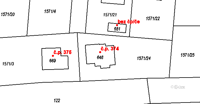 Čechtice 374 na parcele st. 648 v KÚ Čechtice, Katastrální mapa