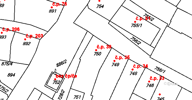 Kamenice nad Lipou 39 na parcele st. 750 v KÚ Kamenice nad Lipou, Katastrální mapa