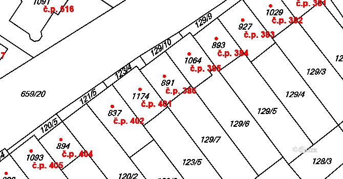 Březí 386 na parcele st. 891 v KÚ Březí u Mikulova, Katastrální mapa