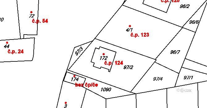 Hlinsko pod Hostýnem 124, Bystřice pod Hostýnem na parcele st. 172 v KÚ Hlinsko pod Hostýnem, Katastrální mapa