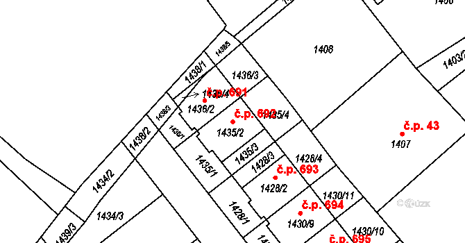 Štípa 692, Zlín na parcele st. 1435/2 v KÚ Štípa, Katastrální mapa
