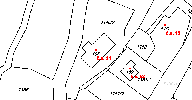 Chodovská Huť 24, Tři Sekery na parcele st. 108 v KÚ Chodovská Huť, Katastrální mapa