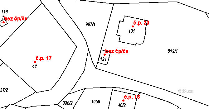 Pravonín 120844443 na parcele st. 121 v KÚ Tisek, Katastrální mapa