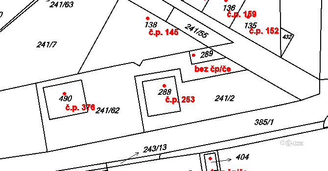 Braškov 253 na parcele st. 288 v KÚ Braškov, Katastrální mapa