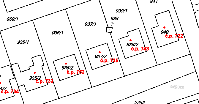 Lužice 735 na parcele st. 937/2 v KÚ Lužice u Hodonína, Katastrální mapa