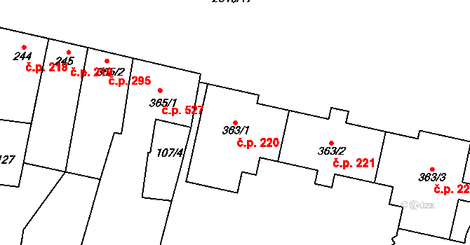 Kyjov 220 na parcele st. 363/1 v KÚ Kyjov, Katastrální mapa