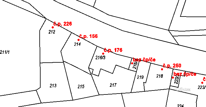 Hřebeč 176 na parcele st. 216/3 v KÚ Hřebeč, Katastrální mapa