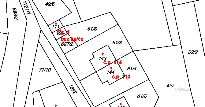 Vyskytná nad Jihlavou 114 na parcele st. 143 v KÚ Vyskytná nad Jihlavou, Katastrální mapa