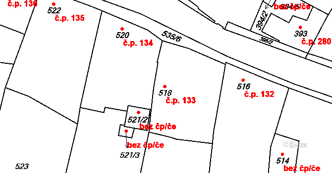 Kosmonosy 133 na parcele st. 518 v KÚ Kosmonosy, Katastrální mapa