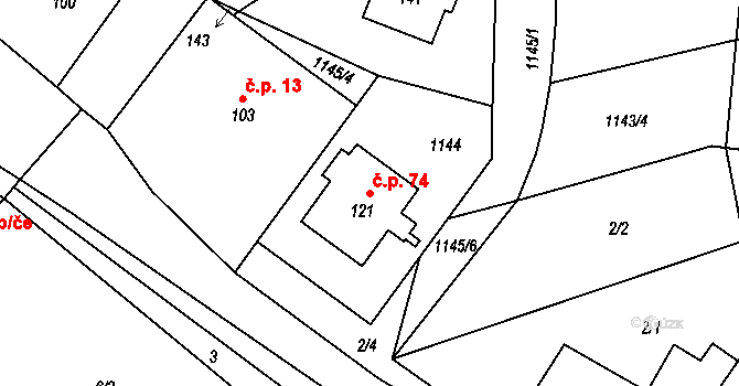 Želechovice 74 na parcele st. 121 v KÚ Želechovice u Uničova, Katastrální mapa