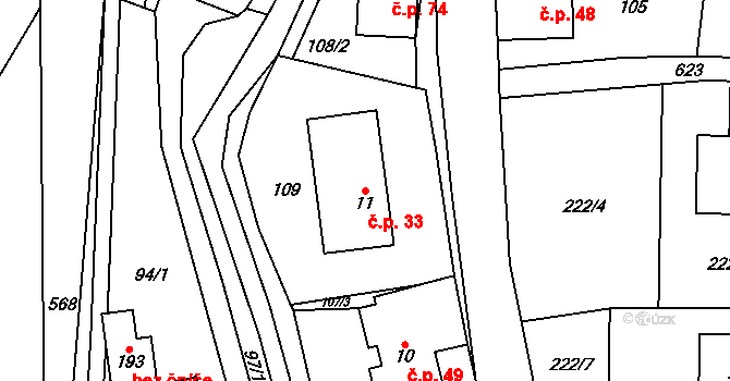 Bradlecká Lhota 33 na parcele st. 11 v KÚ Bradlecká Lhota, Katastrální mapa