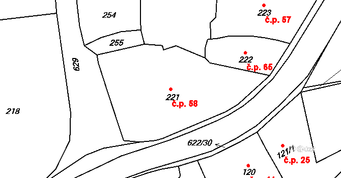 Milíčeves 58, Slatiny na parcele st. 221 v KÚ Milíčeves, Katastrální mapa
