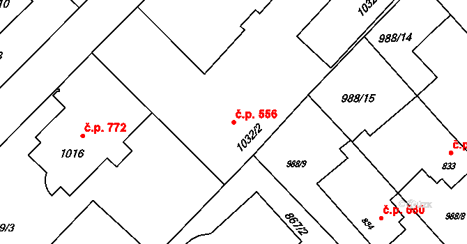 Rožnov pod Radhoštěm 556 na parcele st. 1032/2 v KÚ Rožnov pod Radhoštěm, Katastrální mapa