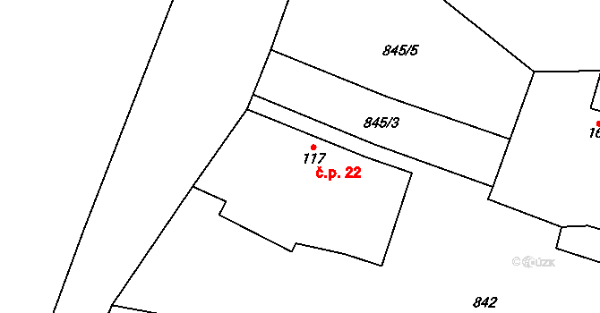 Semínova Lhota 22, Újezd pod Troskami na parcele st. 117 v KÚ Újezd pod Troskami, Katastrální mapa