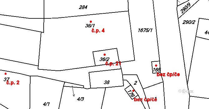 Mohuřice 21, Slavče na parcele st. 36/2 v KÚ Mohuřice, Katastrální mapa