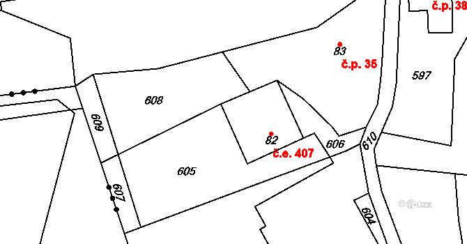 Skočova Lhota 407, Malá Roudka na parcele st. 82 v KÚ Skočova Lhota, Katastrální mapa