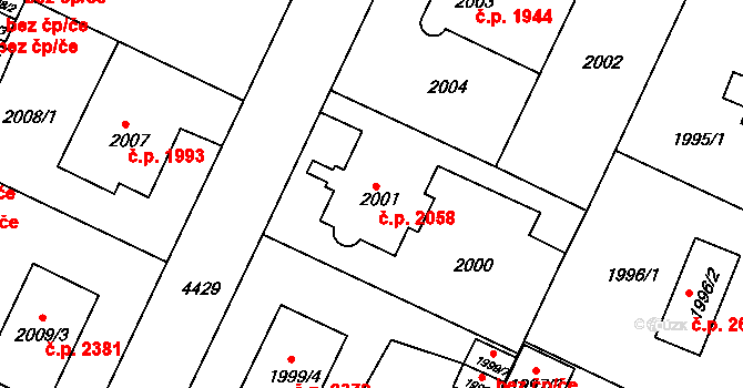 Teplice 2058 na parcele st. 2001 v KÚ Teplice, Katastrální mapa