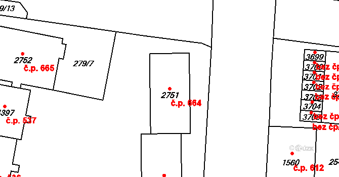 Cheb 664 na parcele st. 2751 v KÚ Cheb, Katastrální mapa