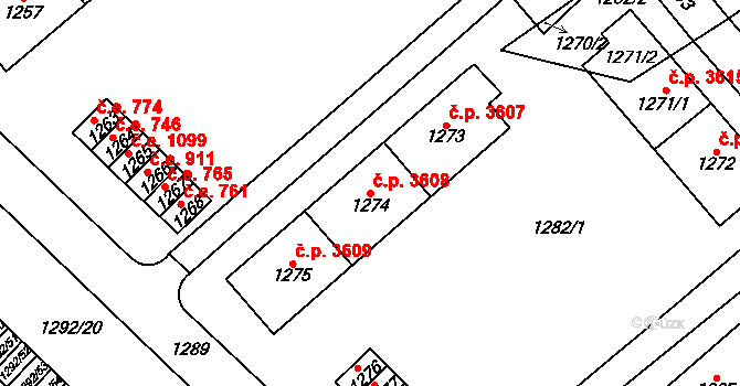 Chomutov 3608 na parcele st. 1274 v KÚ Chomutov I, Katastrální mapa