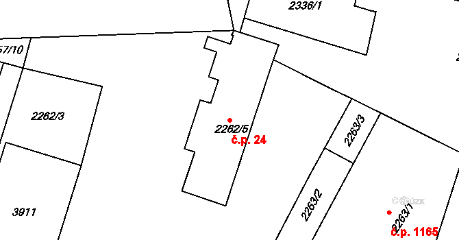 Kunovice 24 na parcele st. 2262/5 v KÚ Kunovice u Uherského Hradiště, Katastrální mapa
