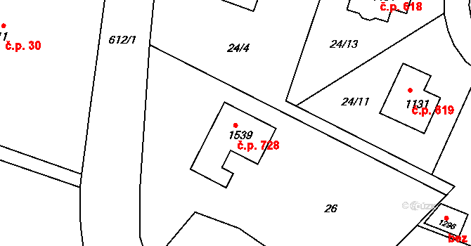 Rosice 728, Pardubice na parcele st. 1539 v KÚ Rosice nad Labem, Katastrální mapa