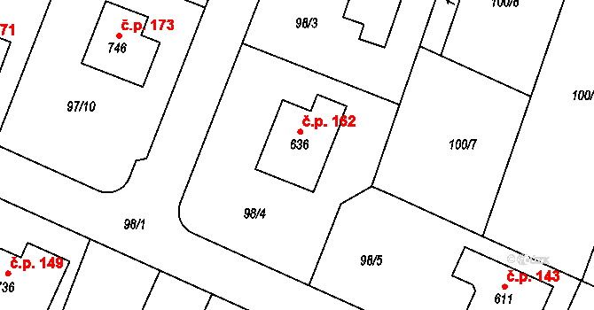 Horoušany 162 na parcele st. 636 v KÚ Horoušany, Katastrální mapa