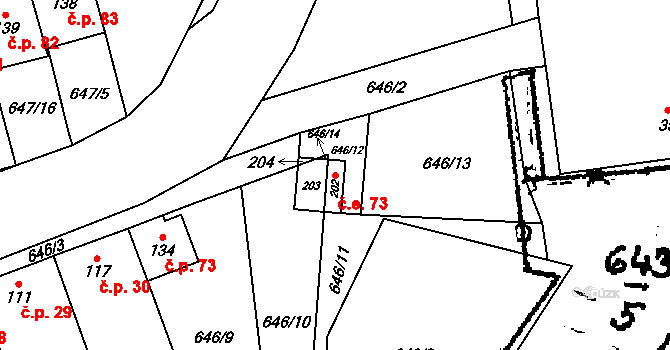 Korolupy 73 na parcele st. 202 v KÚ Korolupy, Katastrální mapa