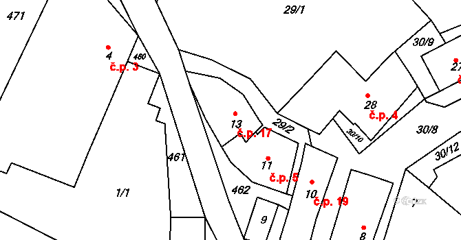 Čtyři Dvory 17, Prosetín na parcele st. 13 v KÚ Čtyři Dvory, Katastrální mapa