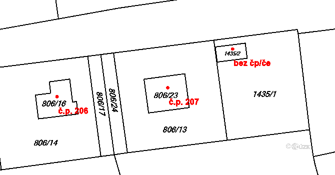 Meclov 207 na parcele st. 806/23 v KÚ Meclov, Katastrální mapa