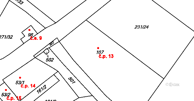 Michalovice 13 na parcele st. 107 v KÚ Michalovice u Velkých Žernosek, Katastrální mapa